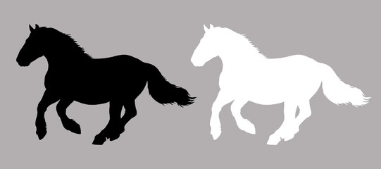 Illustration of the galloping draft horse. Silhouette of heavy horses. 