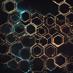Geometric hi-tech patterns with interconnected hexagons and glowing elements, forming a sophisticated and intricate digital background design
