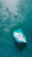 Aerial Drone View of Iceberg Floating Near Glacier with Boat