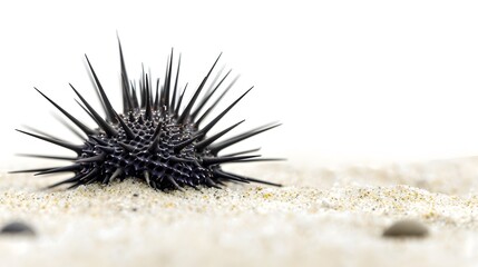 Detailed Close-Up of Sea Urchin on White Background Showcasing Intricate Spines and Texture