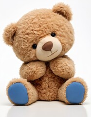 Brown teddy bear with blue paws sits alone against a white background