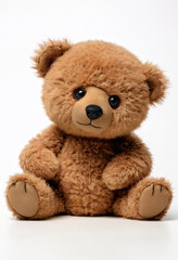 Obraz premium A large, fluffy brown teddy bear sits in front of a bright white background