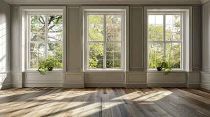 Fototapeta premium Beautiful sunlit room with large windows and potted plants. Bright and inviting living space. Perfect for interior design inspiration or real estate promotion. AI