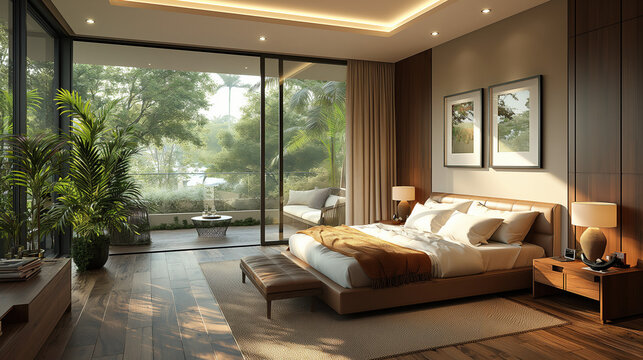 bedroom with balcony of glass railing in Pune, dimension 5 meter by 4 meter, wooden floor, false ceiling , natural warm sunlight , modern style , photographic, dslr photography,