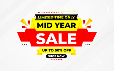 Mid Year Sale banner vector template. New Year Discount vector graphic element. Super shop label Promo design. Product opening festival background collection.