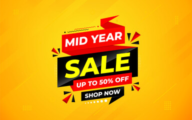 Mid Year Sale banner vector template. New Year Discount vector graphic element. Super shop label Promo design. Product opening festival background collection.