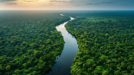 Fototapeta premium A lush forest with a river flowing through it, tainted by chemical discharge from an upstream factory, demonstrating the impact of industrial waste on freshwater ecosystems. Dramatic Photo Style,