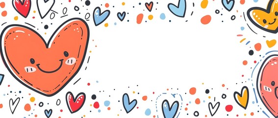 Smiling Heart Doodle Cute Cartoon Style Page Print Border Design With Blank Space For Mockup Background