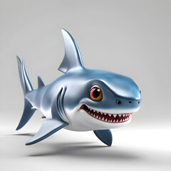 A 3D animated cartoon render of a smiling cartoon Cute Cartoon Shark Character 3D Rendered on White background.