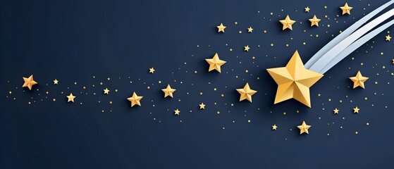 Playful Paper Cut out Stars and Comet on Deep Navy Background with Copy Space