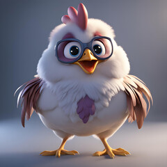 A 3D animated cartoon render of a smiling cartoon Cute Cartoon Chicken Character 3D Rendered on Gray background.