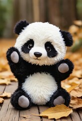 A cute, white stuffed panda bear with black eyes, nose and ears sits on a wooden surface surrounded...