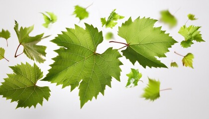 Fototapeta premium Fresh green grape leaves falling in the air isolated on white background. 