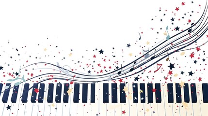 Ethereal Piano Keyboard with Flowing Musical Notes and Twinkling Stars