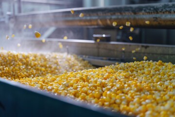 Genetically Modified Corn Kernels on Processing Line in Food Manufacturing Plant