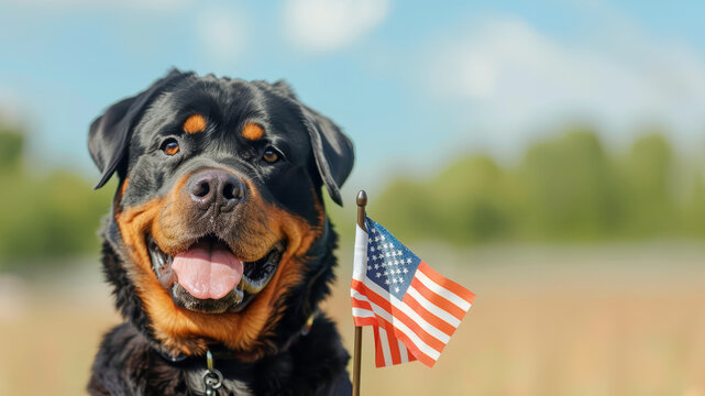 Portrait of a happy Rottweiler dog holding a USA flag, on a blurred background. Independence Day or Memorial Day celebration concept. American patriotic theme. 4th Of July..