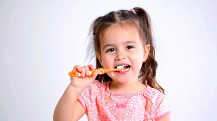 Adorable little girl brushing teeth with orange toothbrush. Child practicing good dental hygiene in bright, cheerful setting. 