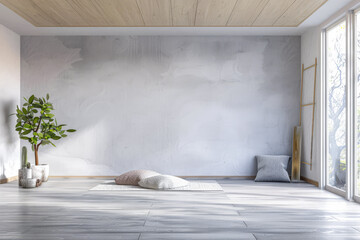 Minimalist zen room interiors with copyspace for text. Zen interior design composition with minimal decor and copyspace.