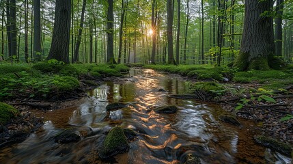 Obraz premium A tranquil forest with a river running through it, marred by the visible presence of industrial waste, highlighting the environmental consequences of factory activities. Dramatic Photo Style,