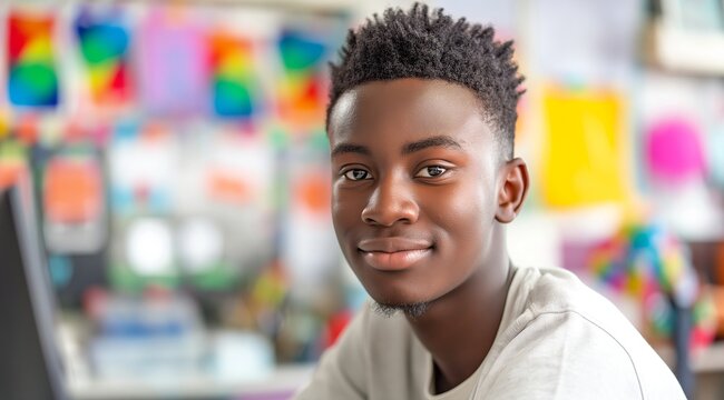 African American teenage boy sitting at his desk in a middle school classroom, smiling and looking directly into the camera. The room is filled with colorful decorations on the wall behind him.