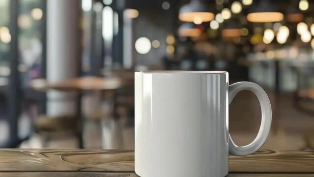 White coffee mug sits on wooden table in cafe