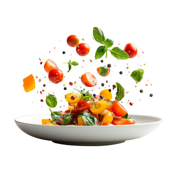 Tasty ingredients for Caesar salad falling into plate on white background
