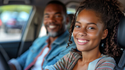 Fototapeta premium Happy family riding in a car.