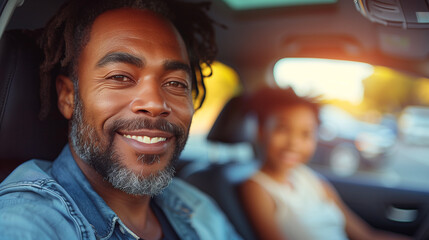 Happy family riding in a car.