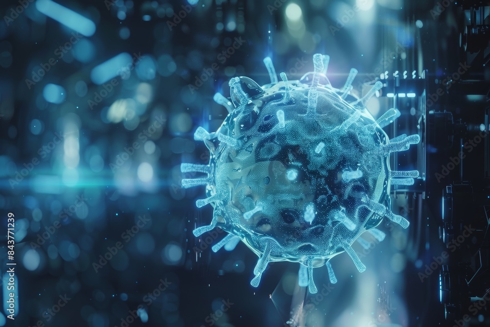 Poster 3d render of a cold virus particle in translucent red and blue on a high tech background for scienti
