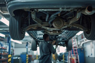 Mechanic Inspecting Car Undercarriage at Auto Service Center on Hydraulic Lift