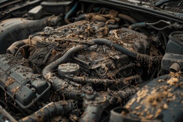 Dirty Car Engine Demanding Maintenance Highlighting the Importance of Regular Cleaning and Upkeep