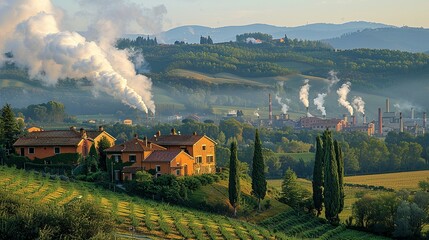 A serene hillside village with a backdrop of factories billowing smoke, illustrating the proximity of industrial activities to residential areas and their impact on air quality and public health.