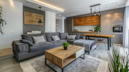 Modern living room interior with grey sofa and coffee table near kitchen, copy space for text s
