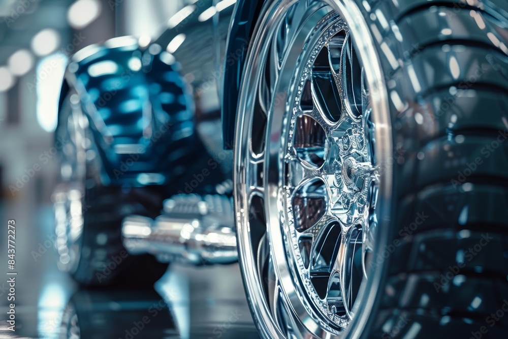Poster close-up of custom car wheels and tires showcasing unique design materials for high-quality automoti