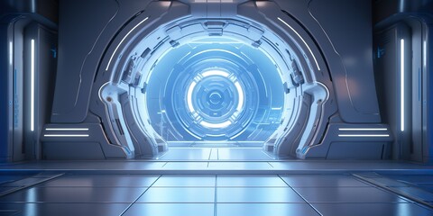 Obraz premium A futuristic door with a strong sense of futurism with blue light neon view. Space future technology sci fi background scene