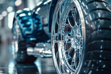 Close-up of Custom Car Wheels and Tires Showcasing Unique Design Materials for High-Quality Automotive Appeal
