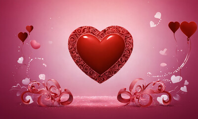 Large red heart with swirling design and heart balloons on pink background.Valentine's Day, holiday, wedding, engagement.