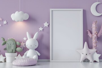 A white frame with a rabbit and a star in it sits on a purple wall