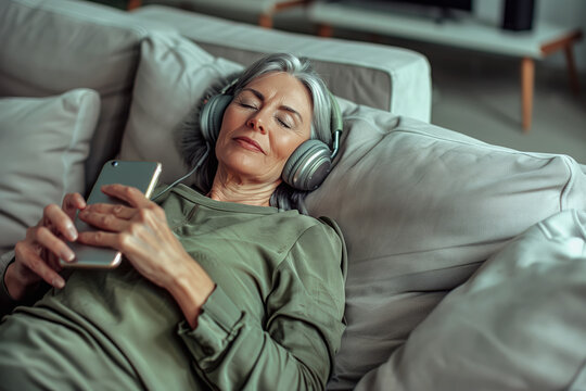 An elderly woman listens to music with headphones at home on her sofa, using a smartphone she holds in her hands.