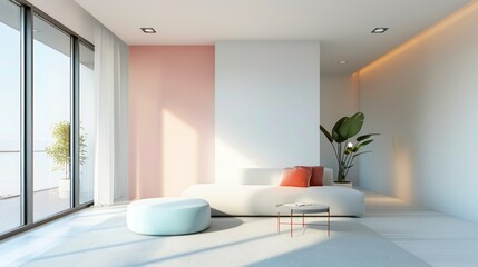 one apartment living room design ideas with white walls and pink and blue accents, in the style of minimalist geometrics, light sky-blue and light orange, natural materials, intricate minimalism,