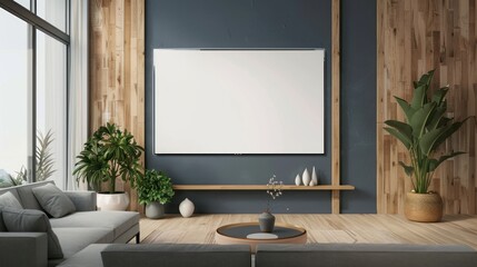 photo of a mockup of a smart tv wall art on the wall near a living room, beige / white tone dusty blue neutral, cozy, mock up 