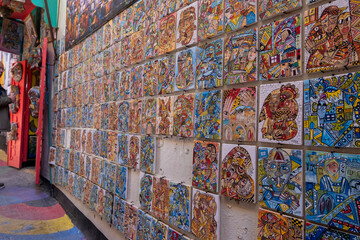 Historic medina of Fes. The quarter of the artist, small naif paintings for sale for tourists. Morocco
