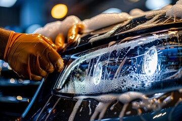 Car Wash Worker Cleaning Headlights with Soapy Sponge - Attention to Detail in Auto Maintenance