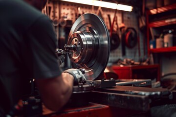 Naklejka premium Mechanic Resurfacing Brake Rotor with Lathe in Modern Garage - Automotive Repair Concept