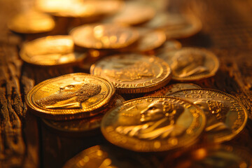 Golden Roman coins arranged in a chronological timeline on a wooden table, with soft lighting enhancing their intricate details.. AI generated.