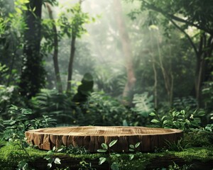 Wooden platform in a lush, green jungle with sunlight filtering through the leaves.