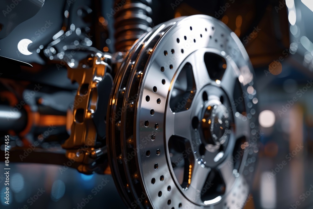 Poster close-up of precision engineering in a high-resolution image of a car's brake caliper and rotor