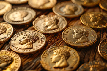 Golden Roman coins arranged in a chronological timeline on a wooden table, with soft lighting enhancing their intricate details.. AI generated.