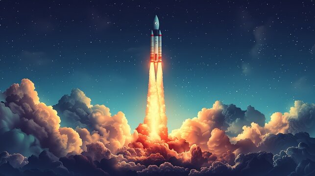 An abstract image of a rocket launching into the sky, surrounded by clouds of smoke, with a background of blue sky and stars, symbolizing a startup taking off. Clipart illustration style, clean,