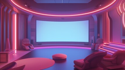 Futuristic Home Theater Room with Curved Screen and Ambient LED Lighting for Immersive Media Experience